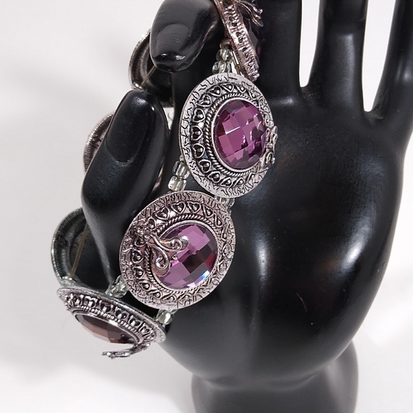 Bracelet Silver Purple Statement Stretch - Picture 2 of 4